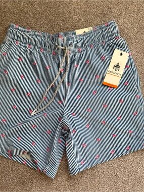 NWT Rainforest Men’s Swim Trunks Size S Flamingo Blue White Stripe 7” Quick Dry